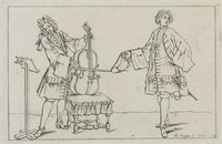 KG 12013
<br/>
Studieschets: twee heren, één viola da gamba spelend.
<br/>
<em>Picart, Bernard (1673-1733)</em>